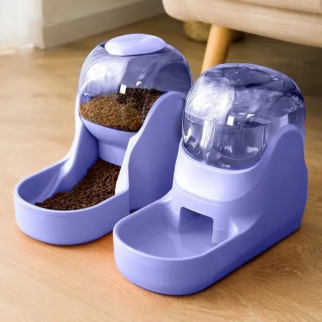 Dog & Cat Feeder + Waterer Set,Automatic Pet Feeder 2 in 1 Cat & Dog Food Water Dispensers, Cats and Dogs Food Feeder and Water Dispenser 3.9L for Small, Medium, & Large Pets (Purple)