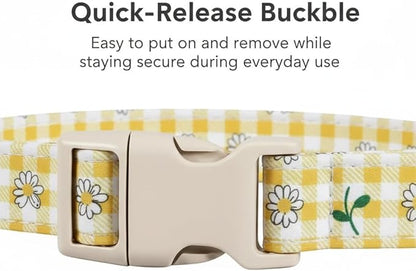 Cute Dog Collar, Yellow Plaid Dog Collar with White Floral Pattern, Spring Summer Design Floral Collar for Girls Boys Medium Dogs