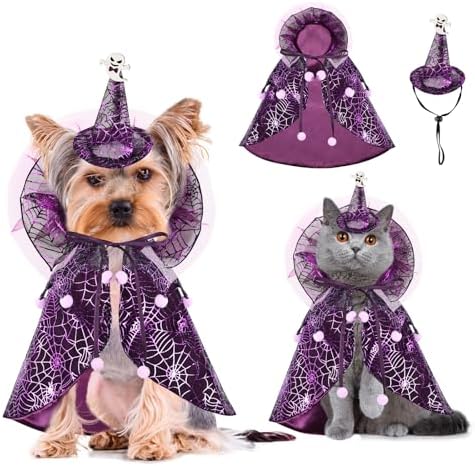 Dog Cat Halloween Costume Cobweb Tulle Cape & Wizard Hat Purple, LXL by JIKAJA