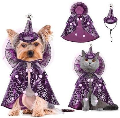 Dog Cat Halloween Costume Cobweb Tulle Cape & Wizard Hat Purple, SM by JIKAJA