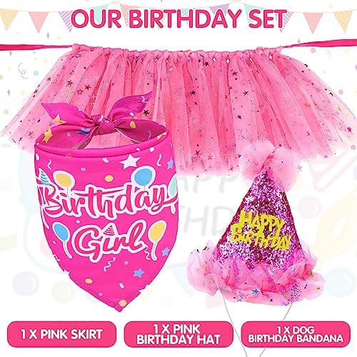 SCENEREAL Dog Birthday Bandana with Hat and Dress Girl Set, Large Dog Birthday Party Supplies, Cute Tutu Skirt Outfit for Medium Big Dogs, Rose Red XL - Image 5