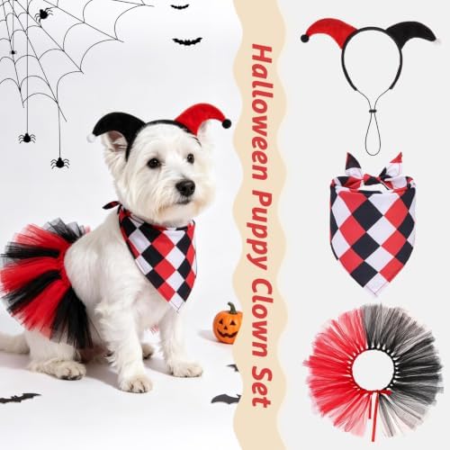 SCENEREAL Small Dog Halloween Costume, Clown Dog Bandana Headband Dress Set - Image 4