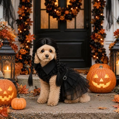 3 Pcs Halloween Dog Dress Costume with Belt Wig, Black Cute Pet Costume (L) - Image 5