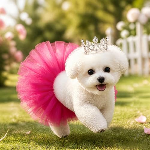 Pet Costume Set Tutu Skirt with Pearl Crown for Small Dog Cat Halloween Birthday Wedding Photo Prop Costume (Rose Red) - Image 4