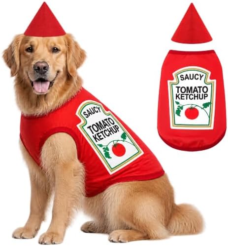 2 Pcs Halloween Dog Costume Set 5XL Tomato Ketchup Themed Pet Outfit with Matching Cone Hat Sleeveless Printed Tank Top for Medium Large Dogs Holiday Party Dress Up by Unknown