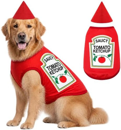 2 Pcs Halloween Dog Costume Set 5XL Tomato Ketchup Themed Pet Outfit with Matching Cone Hat Sleeveless Printed Tank Top for Medium Large Dogs Holiday Party Dress Up by Unknown
