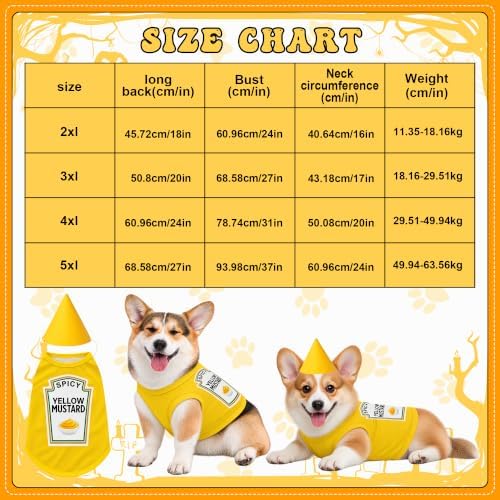 2 Pcs Halloween Dog Costume Set 3XL Yellow Mustard Themed Pet Outfit with Matching Cone Hat Sleeveless Printed Tank Top for Medium Dogs Holiday Party Dress Up - Image 2