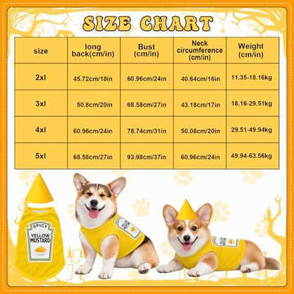 2 Pcs Halloween Dog Costume Set 3XL Yellow Mustard Themed Pet Outfit with Matching Cone Hat Sleeveless Printed Tank Top for Medium Dogs Holiday Party Dress Up - Image 2