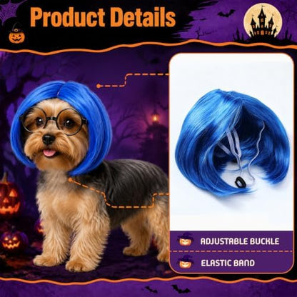 Dansydaisy 2 Pcs Halloween Sad Dog Costume Set Blue Bob Wig Round Glasses - Image 3