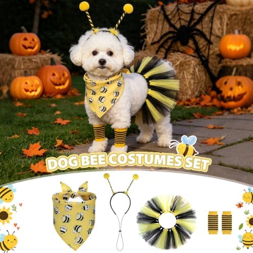 SCENEREAL Small Dog Halloween Costume, Bee Bandana Hat Dress Set with Leg Sleeve, 4pcs Puppy Party Supplies, Soft Triangle Scarf, Cute Tutu Skirt Outfit for Girl Boy Pet - Image 4