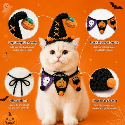 Hand-Knit Pet Costume Hat & Bib Cats Dogs Festive Apparel (Witch) - Image 6