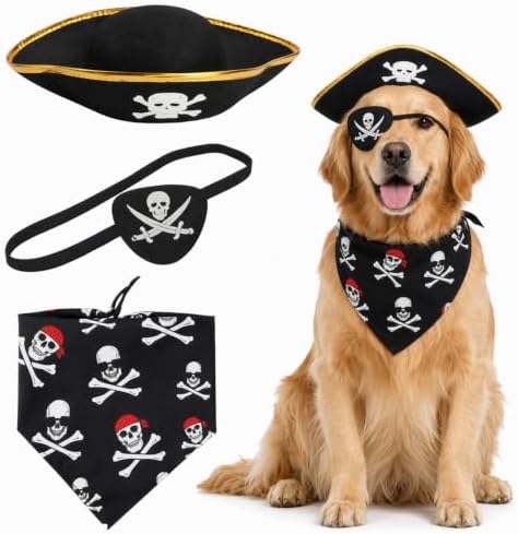 3PCS Dog Pirate Costume, Halloween Pet Outfit with Eye Patch and Gold Trim, Complete Pirate Dress Up Set for Costume Parties and Photo Sessions by Unknown
