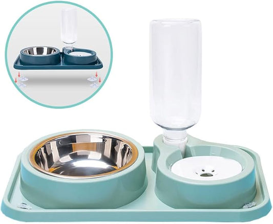 JiangYanus Double Dog Cat Bowls, Pet Water and Food Bowl Set with Automatic Water Dispenser Bottle Detachable Stainless Steel Bowl, Gravity Water Feeder Bowl No-Spill for Cats Dogs Puppy Kitten Rabbit