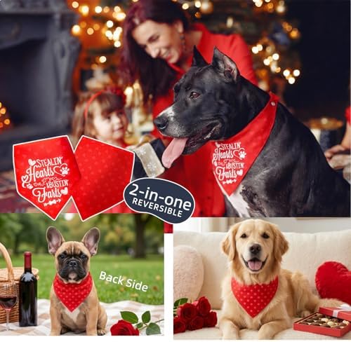 Reversible Dog Bandanas for Valentine's Day - Cute Lettering & Heart Pattern 2-in-1 Holiday Costume Pet Scarf, 1pack Snap Button Bandana for Medium & Large Breed (30-75lbs) - Image 5