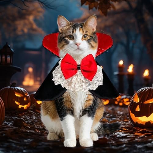 Halloween Vampire Costume for Dogs Cats, Spooky Pet Costume Cosplay Cloak Red Black Spooky Trick or Treat Cat Cape Apparel for Halloween Party Decorations-S - Image 3