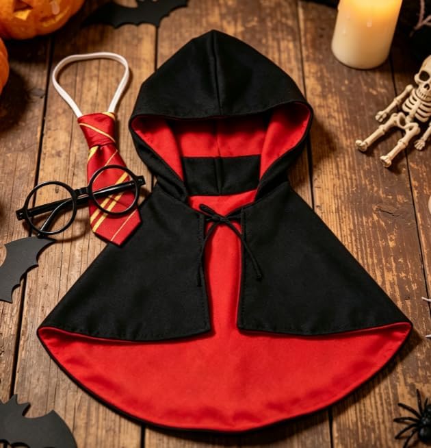 Dog Wizard Costume Set for Small Dogs, Black Red Cape with Tie and Round Glasses, Funny Halloween Dog Costume for Puppy, Pet Parties, Trick or Treat, Photo Props and Dress Up Fun for Parties - Image 4