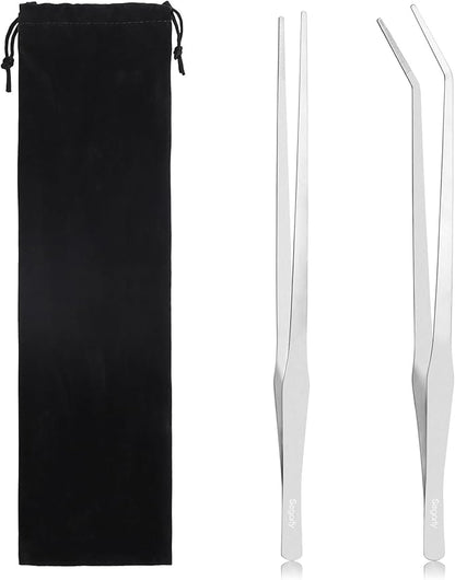 Segarty Longer Tweezers Aquascaping Tools with 1 Bag, 2 in 1 Stainless Steel Silver Aquarium Tools Kit for Fish Tank Aquatic Plant, Feeding Tweezer Curved Tweezer Anti Rust Aquascape Set