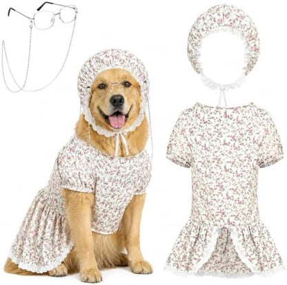 3 Pcs Dog Grandma Costume Set Floral Dog Dress Bonnet and Glasses with Chain Funny Vintage Pet Outfit for Large Dogs Halloween Party Dress Up 5XL by Bolsome