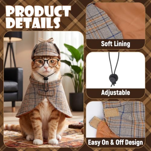 Ishua Dog Costume Set Detective Cloak Hat and Glasses for Small Dog and Cat - Image 3