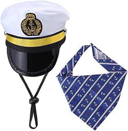 Yewong Pet Captain Sailors Costume Set Dog Cat Sea Captain Hat with Pet Anchor Triangle Bibs Scarf for Cat Puppy Navy Halloween Cosplay Costume Accessories Photo Props (White-B) by Yewong