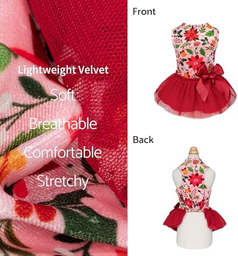 Fitwarm Christmas Flowers Dog Tutu Dress, Elegant Winter Clothes for Small Dogs Girl, Holiday Pet Outfit, Red, Pink, Medium - Image 5