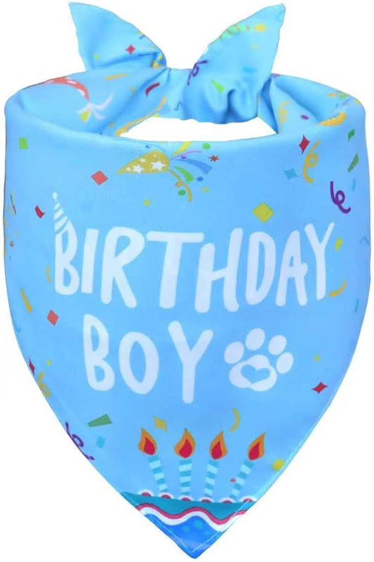 Dog Birthday Bandana Boy for Large X-Large Dogs, Reversible 2 Patterns in 1, Blue Confetti Scarf, Happy Birthday Party Outfit Puppy Gift (18-23" Neck)