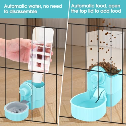 Hanging Cage Auto Small Pet Feeder Waterer Set for Puppy Cats, Blue