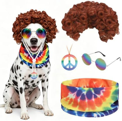 EXPAWLORER 4 Pcs Hippie Dog Halloween Costume, Funny Pet Cosplay Set Includes Adjustable Curler Wig, Sunglasses, Tie-Dye Scarf & Necklace, Ideal for Halloween, Christmas, Cosplay & Birthday Parties by EXPAWLORER