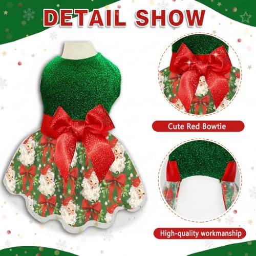 Christmas Dog Dress, Festive Holiday Pet Outfit, Shiny Green Top with Glittery Red Bow and Santa Claus Print Skirt for Boys and Girls Small Puppies - Image 3