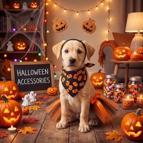 Huhumy 3 Pcs Dog Halloween Costume Set with Bandana Tutu Dress Headband - Image 6
