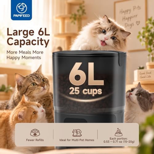 PAPIFEED Automatic Cat Feeder with App, 5G WiFi Auto Cat Feeder, 6L Slow-Feed Cat Food Dispenser for Dry Food, Dual Power Supply Timed Pet Feeder for Small Dog, 10 Meals/Day, 12 Portions/Meal, Black
