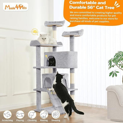 56-Inch Multi-Level Cat Tree Tower for Indoor Cats with 2 Condos, Scratching Posts & Hanging Toys – Large Cat Activity Center Furniture, Light Gray