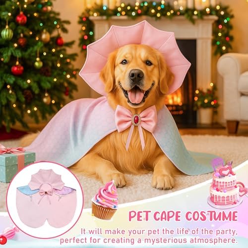 Dog Halloween Costume Cape Vampire Cloak with Bow Tie (Pink Scales, LXL) - Image 2