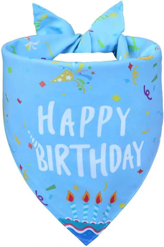 Dog Birthday Bandana Boy for Large X-Large Dogs, Reversible 2 Patterns in 1, Blue Confetti Scarf, Happy Birthday Party Outfit Puppy Gift (18-23" Neck)