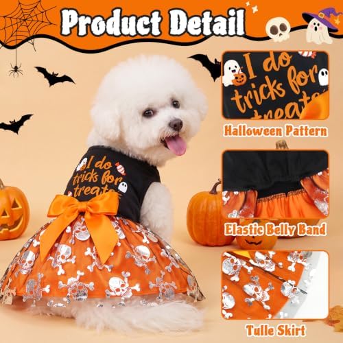 XPUDAC Halloween Dog Dress Costumes for Small Dogs Girl Tulle Dress Dog Clothes Skull Holiday Pet Costume Cat Outfits, Orange-Large - Image 2