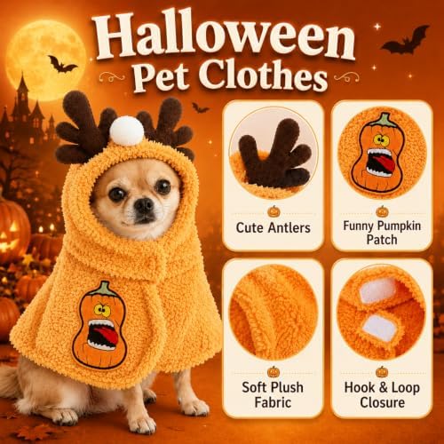 Halloween Pet Costume with Reindeer Hood, Funny Plush Cat Costume for Cats and Small Dogs, Soft Dog Halloween Costume, Pet Cape for Cosplay, Trick or Treat, Orange, Large - Image 3