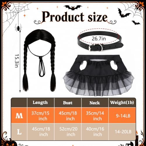 3 Pcs Halloween Dog Dress Costume with Belt Wig, Black Cute Pet Costume (M) - Image 2