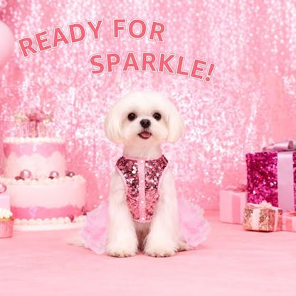 SCENEREAL Pink Dog Dress Princess Costume, Sparkly Tutu Dresses Bowknot Vest Funny Pet Halloween Costumes, Puppy Queen Outfit Christmas Birthday Clothes for Small Medium Girl Dogs Large Big Cats M - Image 6
