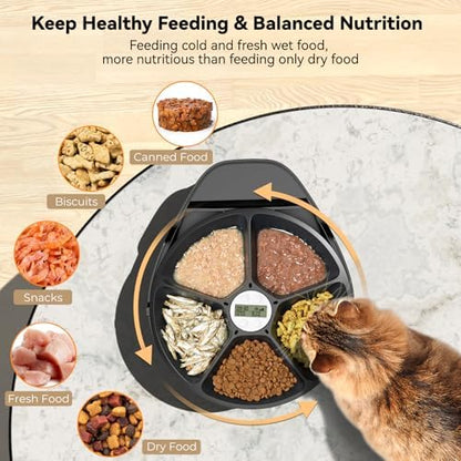 UBPET F10 Automatic Cat Feeder Wet Food, Semiconductor Cooling 5 Meal Timed Meat Dispenser, 24-Hour Freshness 3 Cooling Modes, Dry and Wet Food Automatic Feeder for Cats and Dogs
