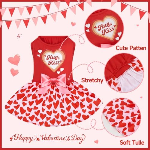 XPUDAC Valentine Dog Dress Heart Print Dog Dress for Small Dogs Girls Holiday Party Tulle Puppy Outfit Cat Apparel-XXS - Image 2