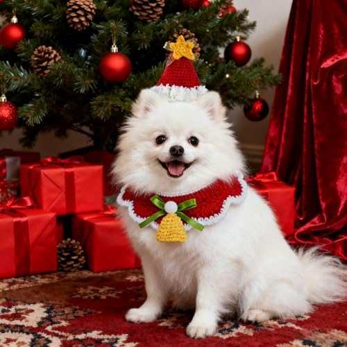 4 Pcs Christmas Knitted Dog Cat Adjustable Collars Hats Pet Costume Crochet Santa Hats Outfit Winter Puppy Kitten Beanie Holiday Party Dress Up Props Handmade Soft Wool Photo Shoot Props Xmas Gifts - Image 4
