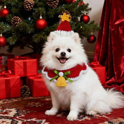 4 Pcs Christmas Knitted Dog Cat Adjustable Collars Hats Pet Costume Crochet Santa Hats Outfit Winter Puppy Kitten Beanie Holiday Party Dress Up Props Handmade Soft Wool Photo Shoot Props Xmas Gifts - Image 4