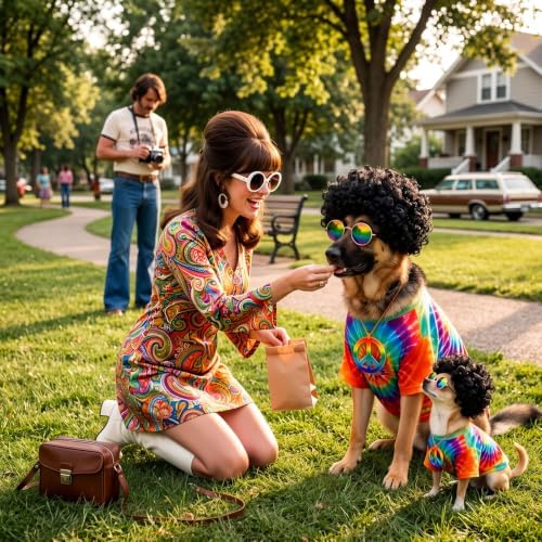 Kinlop 4 Pcs Hippie Dog Costume Halloween Pet Costume Accessories Includes 60s 70s Colorful Tie Dye T-Shirt Funky Wig Peace Sign Necklace and Sunglasses for Party Dress Up(XXL) - Image 6
