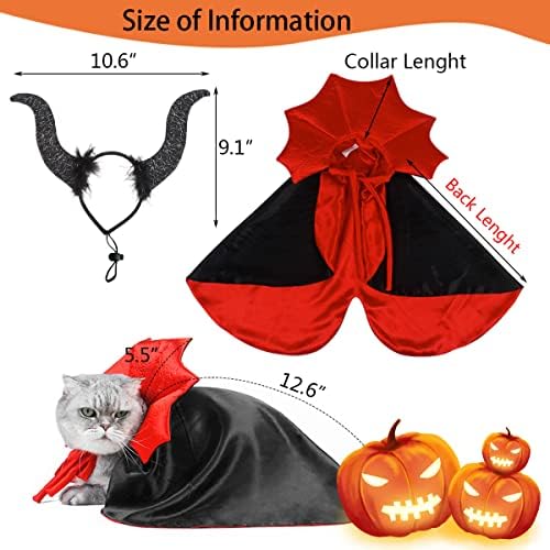 2 Pcs Dog Halloween Costume Set Cat Witch Vampire Cape Devil Horns Hat Holiday Clothes for Cat Puppy Halloween Party Pet Outfits (Red) M - Image 2
