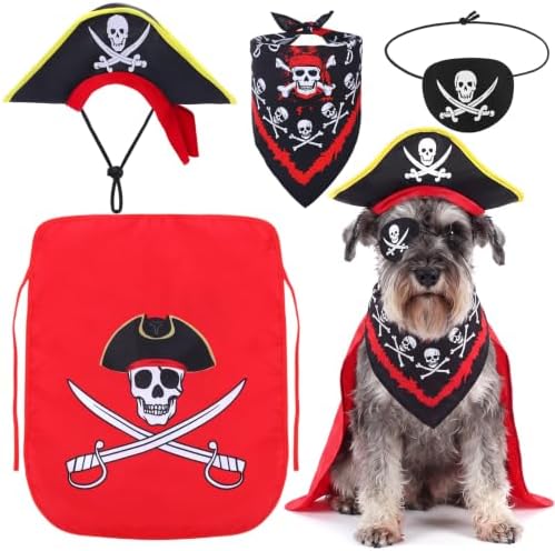 Huhumy 4 Pcs Dog Pirate Costume Hat Cape Bandana, Red, Extra Large by Huhumy