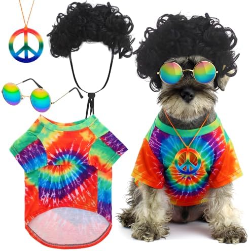 Kinlop 4 Pcs Hippie Dog Costume Halloween Pet Costume Accessories Includes 60s 70s Colorful Tie Dye T-Shirt Funky Wig Peace Sign Necklace and Sunglasses for Party Dress up (M) by Kinlop