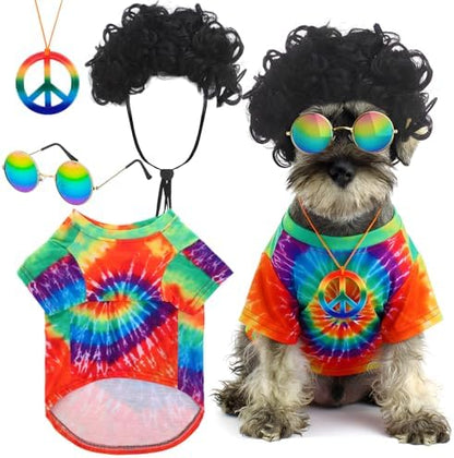 Kinlop 4 Pcs Hippie Dog Costume Halloween Pet Costume Accessories Includes 60s 70s Colorful Tie Dye T-Shirt Funky Wig Peace Sign Necklace and Sunglasses for Party Dress up (M) by Kinlop