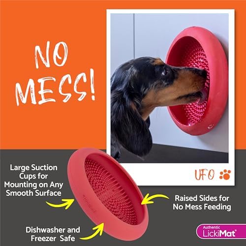 New LickiMat UFO Orange - Bathing, Shower & Grooming Distractor. Natural Rubber Large Soother Licking Nubs Treats. Unique Food and Dribble Catcher Design. Slow Feeder Dog Bowl