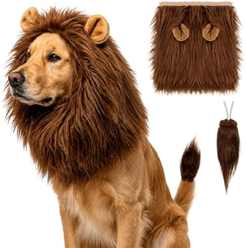 Lion Mane for Dog, Dog Halloween Costumes Set with Brown Wig and Tail by JFBNXB