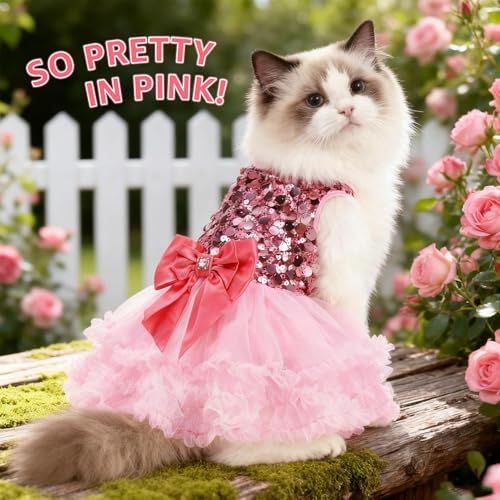 SCENEREAL Pink Dog Dress Princess Costume, Sparkly Tutu Dresses Bowknot Vest Funny Pet Halloween Costumes, Puppy Queen Outfit Christmas Birthday Clothes for Small Medium Girl Dogs Large Big Cats XS - Image 5